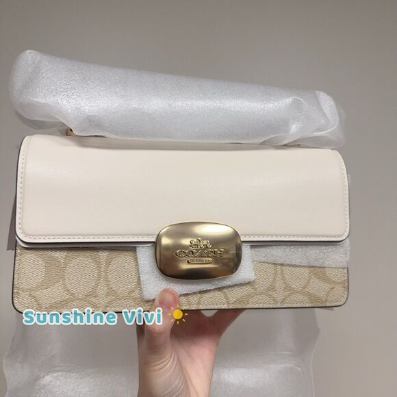 NWT Coach Eliza Flap Crossbody Bag Signature Canvas In Light Khaki/Chalk CP009